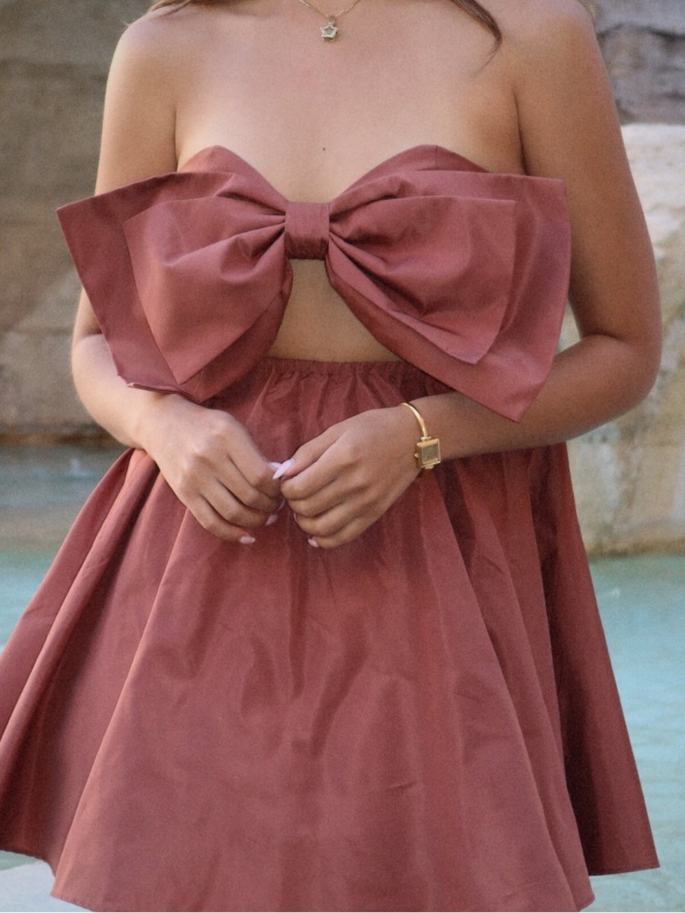 Zara Strapless Bow-Front Mini Dress in Mauve